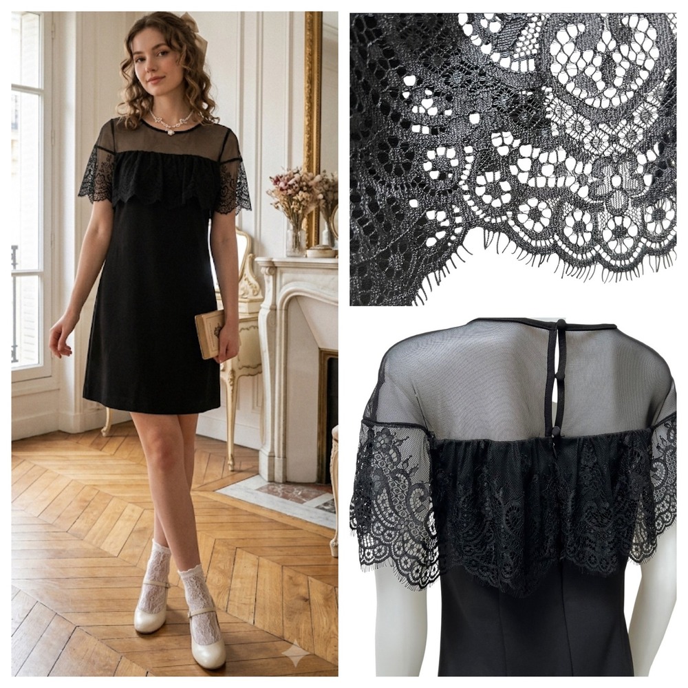 Black Lace Mesh Yoke Shift Dress Sz 6 Victorian Goth Cocktail Coquette LBD Chic